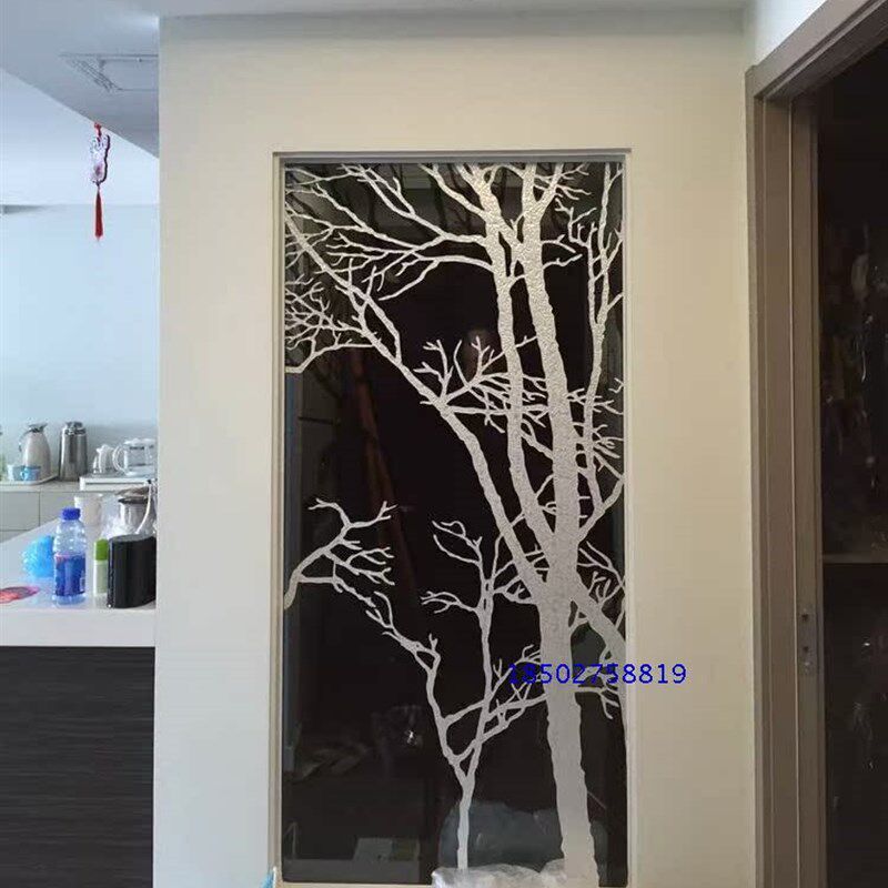 定做钢化艺术玻璃隔断走廊尽头背景墙发财树影婆娑黑底白树爱相拥