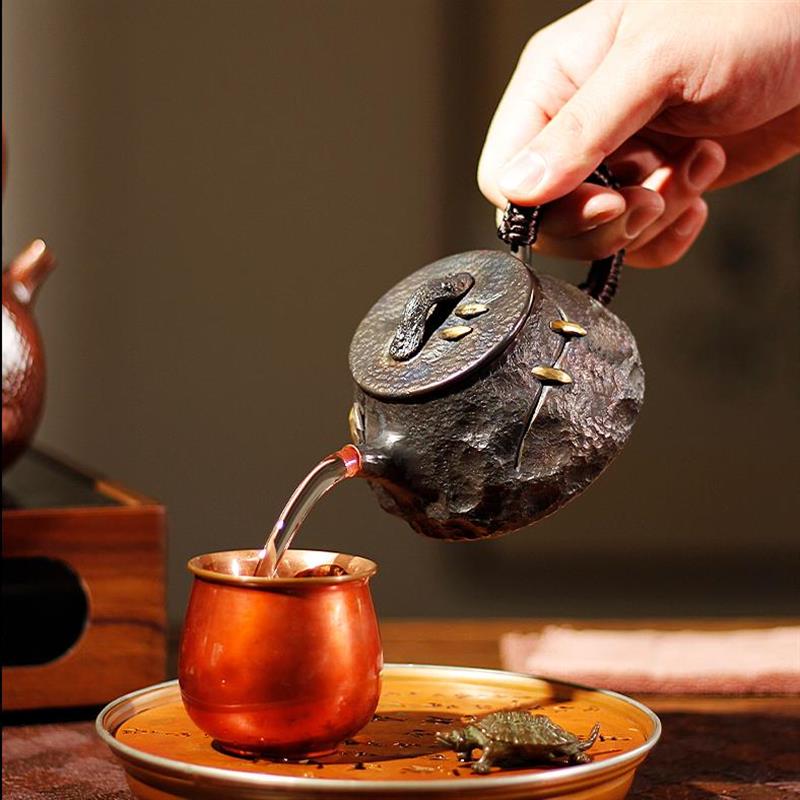 清沁堂纯手工紫铜功夫茶具汉瓦壶带滤网茶壶家用锤纹烤色急需铜壶