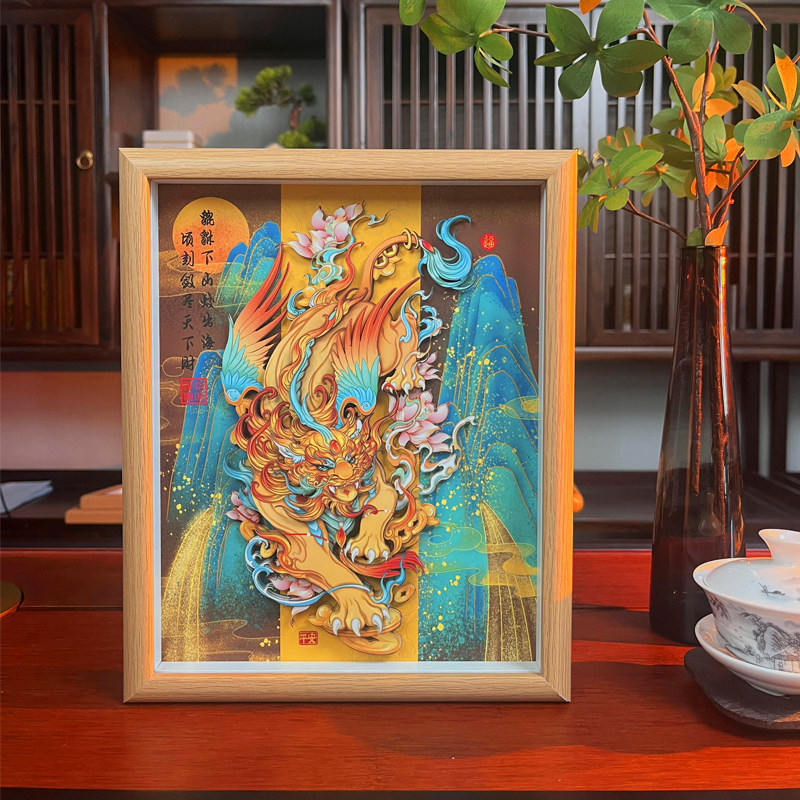 财神赵公明桌面摆台动漫立体画手工多层纸艺实木相框精致家居摆台