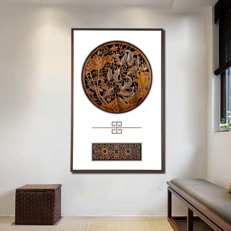 新中式玄关装饰画东阳木雕挂画3d立体浮雕餐茶室壁画竖版牡丹九鱼