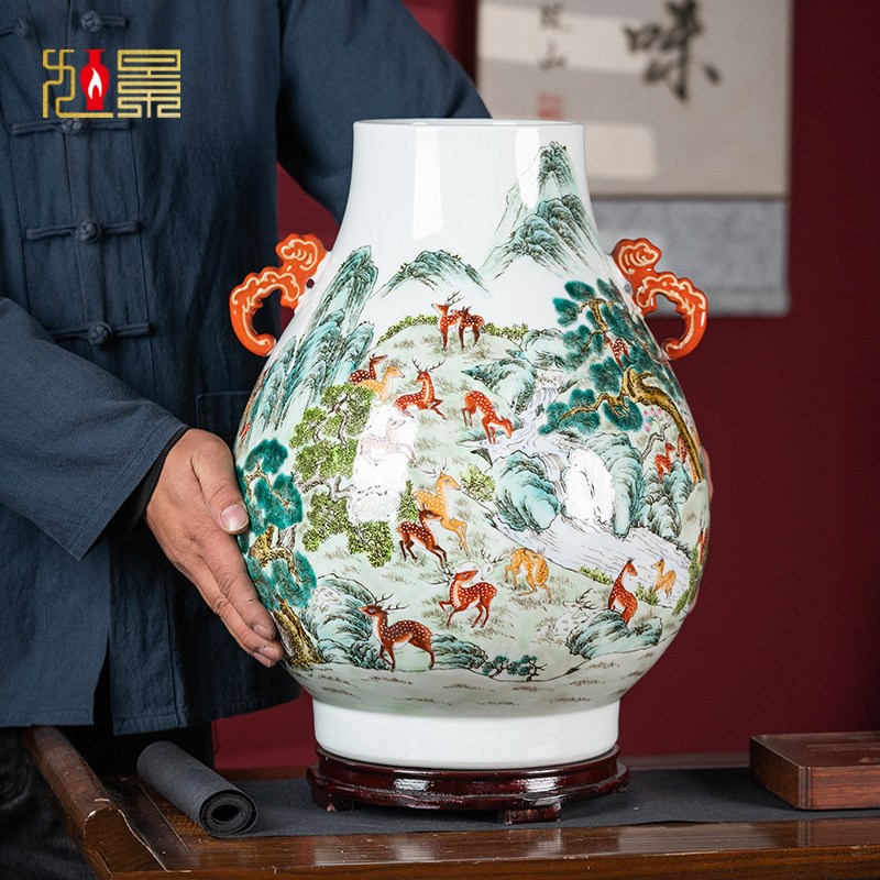 景德镇陶瓷器花瓶仿古双耳百鹿尊福筒瓶手绘中式客厅玄关装饰摆饰