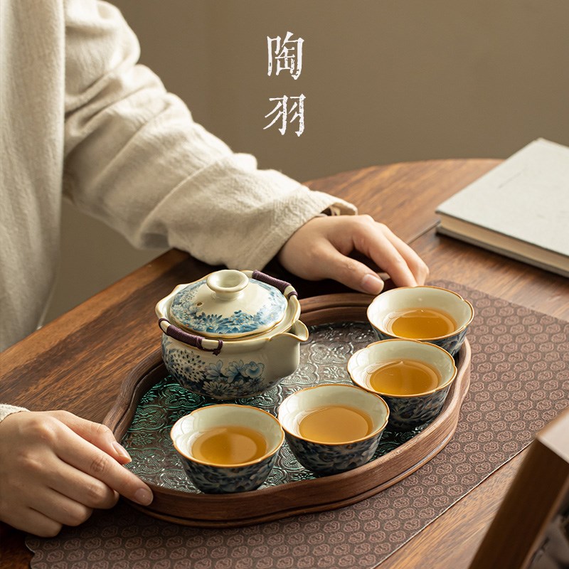 汝窑金万花手抓壶一壶四杯防烫手家用泡茶碗茶杯茶盘功夫茶具套装