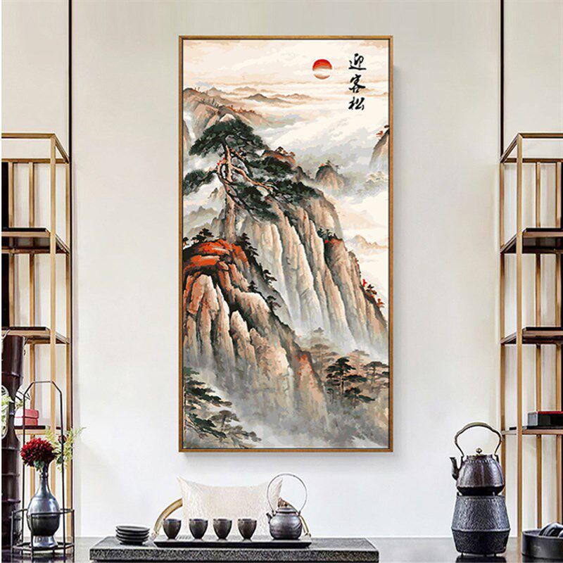 竖版旭日东升DIY数字油彩画新中式客厅玄关过道招财装饰画迎客松