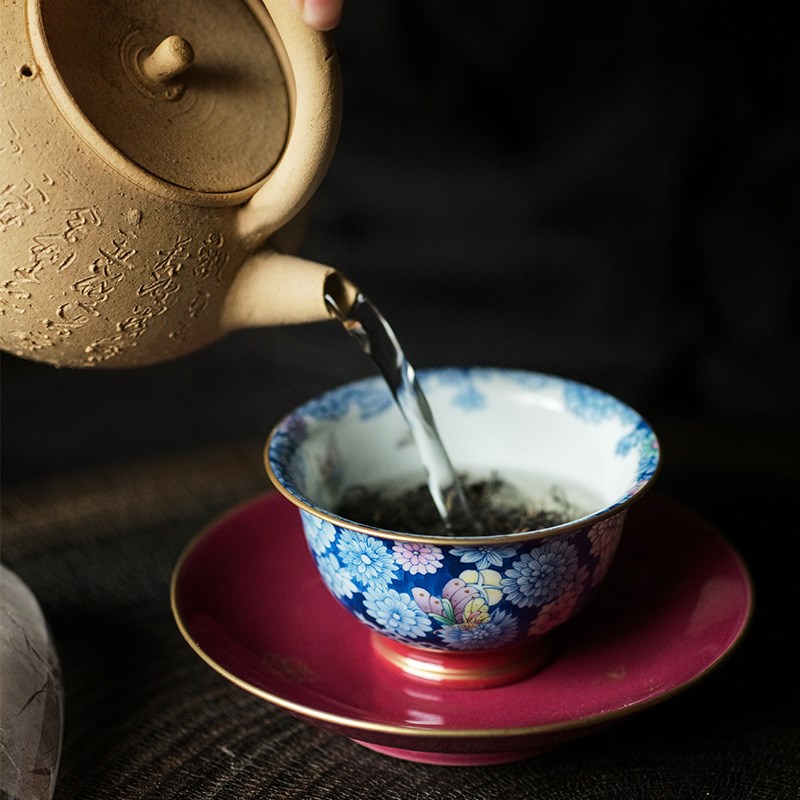 七月长陶瓷盖碗 玫瑰红手绘万花侧把壶茶杯 复古茶具景德镇华隐堂