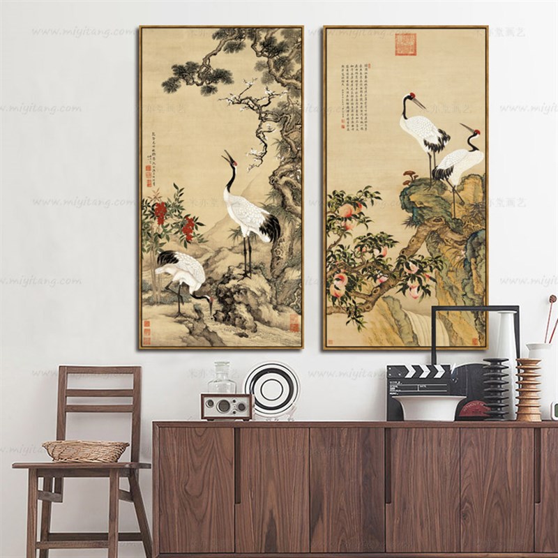 米亦堂x仙鹤 新中式禅意花鸟国画书房客厅茶楼餐厅玄关竖幅壁挂画