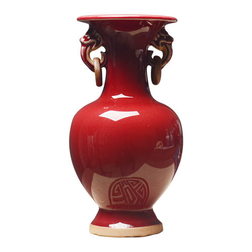 酒柜装饰品景德镇陶瓷器钧瓷开片双耳郎红花瓶中式家饰工艺品摆件