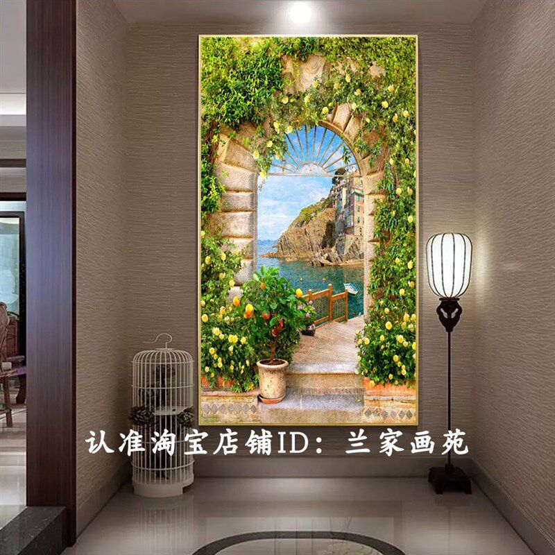 欧式典雅玄关画田园花鸟装饰画走廊唯美花园壁挂画竖版森林山水画