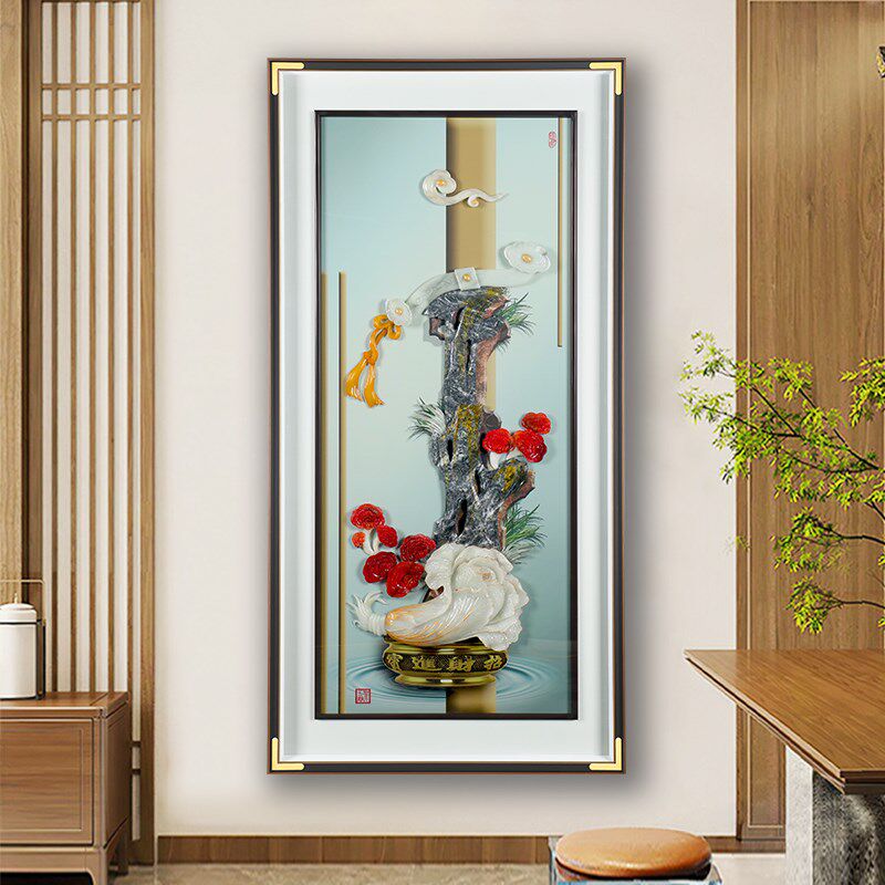 花开富贵进户门正对玄关画中式复古挂画走廊过道装饰画玉石玉雕画