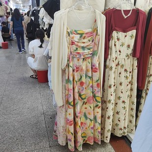 法式油画碎花吊带连衣裙子女夏季2024新款海边度假沙滩长裙两件套