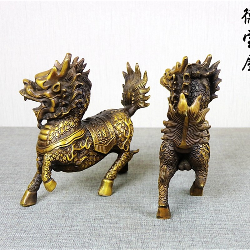 铜麒麟一对黄铜仿古复古摆件家居室内玄关摆设大号镇桌面中式创意