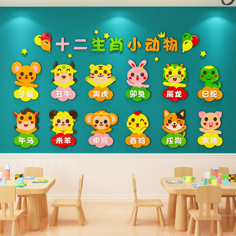 幼儿园墙面装饰十二生肖墙贴立体教室走廊楼梯环创主题文化墙布置