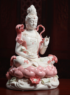 戴玉堂陶瓷摆件《玉红瓷飘带自在水月观音》佛像客厅供奉家居饰品