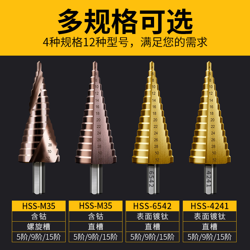 宝塔钻头阶梯塔型台阶铁板钢板铁皮铝合金不锈钢金属开孔器扩孔器