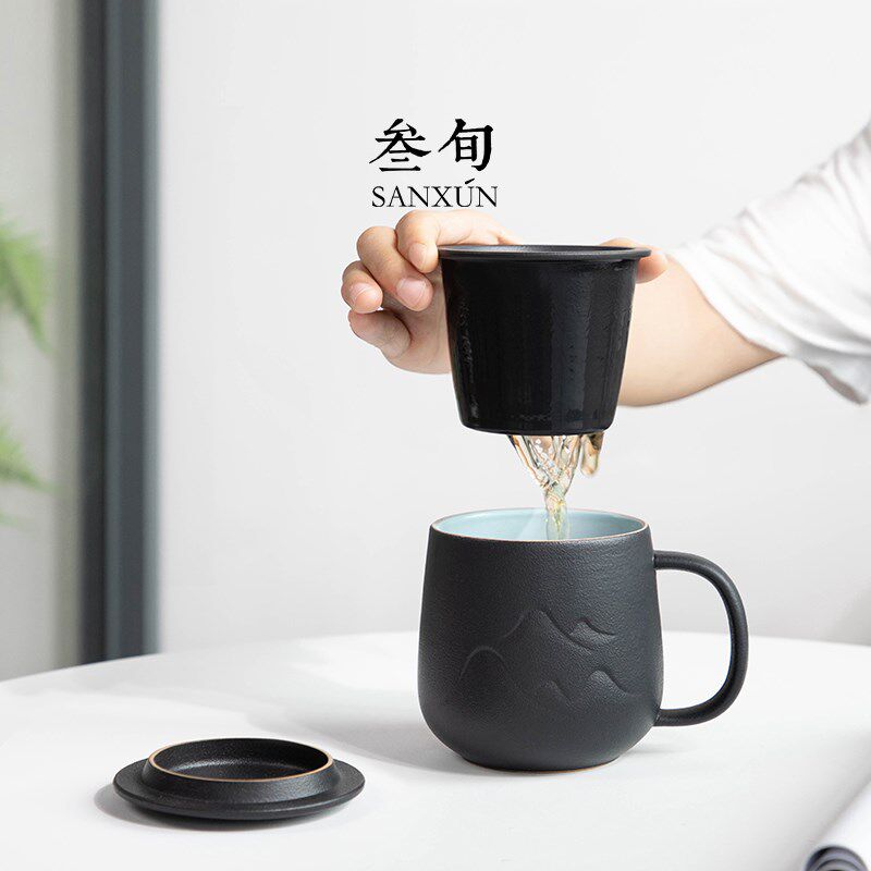 叁旬 山峦马克杯陶瓷过滤茶杯带盖办公室泡茶杯子家用大容量水杯