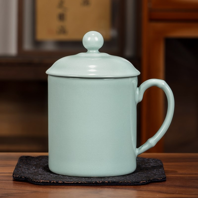 汝窑茶杯家用开片泡茶杯陶瓷带盖大号水杯个人办公会议杯青瓷礼品