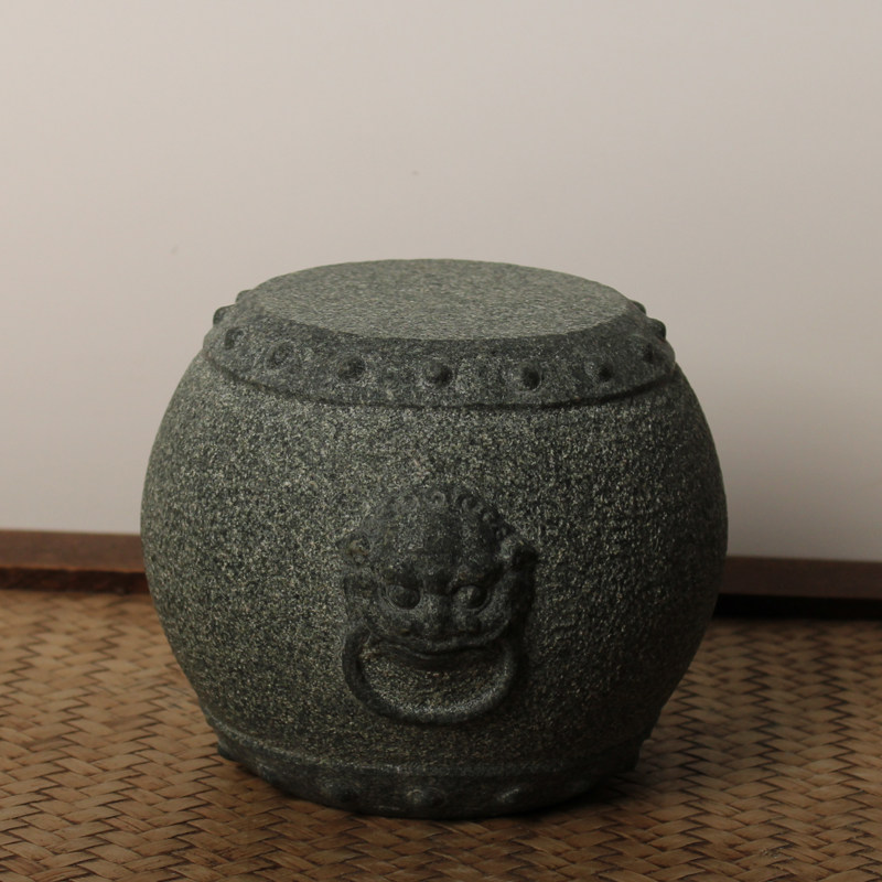 青石鼓形花盆托雕刻吉祥狮头鼓丁桌面摆件装饰天然石头底座花卉台