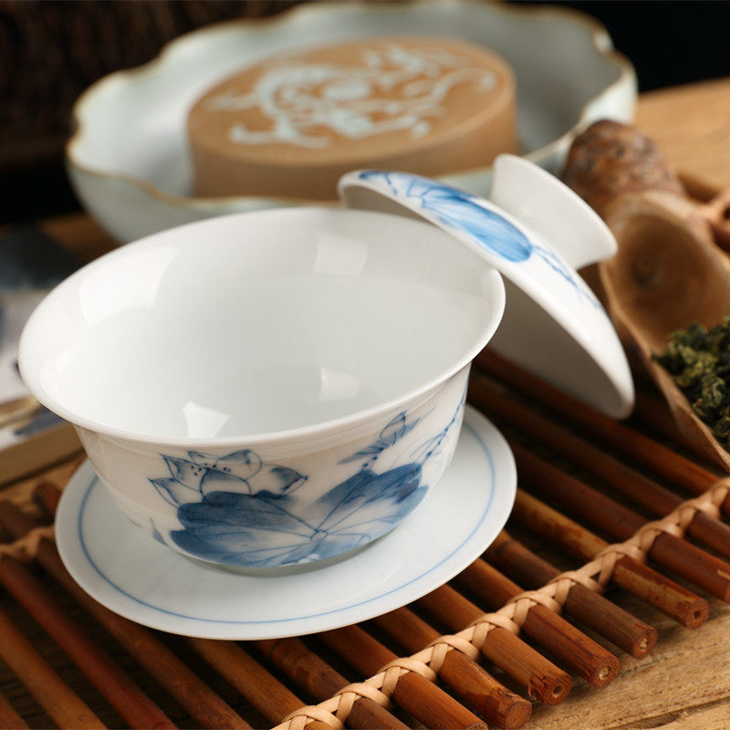 手绘荷花盖碗茶杯 景德镇青花瓷茶碗大号三才杯陶瓷功夫茶具 包邮