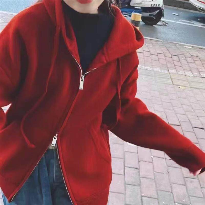 波拉韩国男女孩儿童装亲子冬红色年装款连帽羊毛绒衫毛衣外套开衫