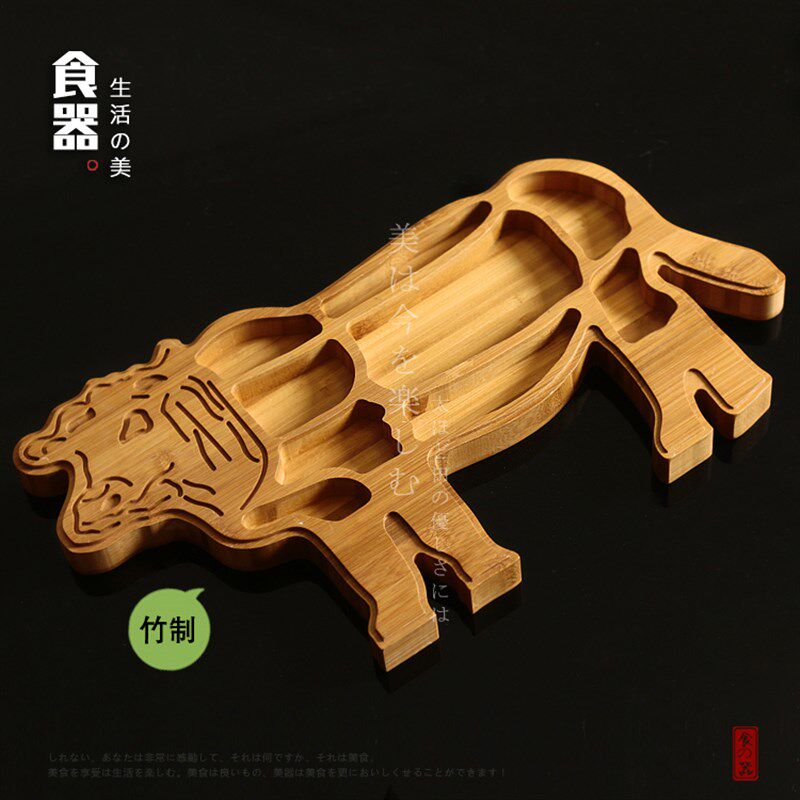 潮汕牛肉火锅店拼盘餐具榉木橡木牛杂全牛宴盘子牛形木盘分格餐盘