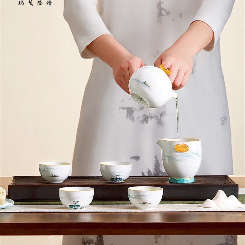 玛戈隆特 西湖盛宴8头骨瓷茶具听风 45%骨瓷功夫茶具套装带茶盘