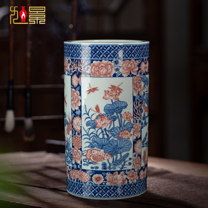 景德镇陶瓷花瓶插花帽筒手绘青花瓷摆件新中式瓷瓶客厅装饰品箭筒