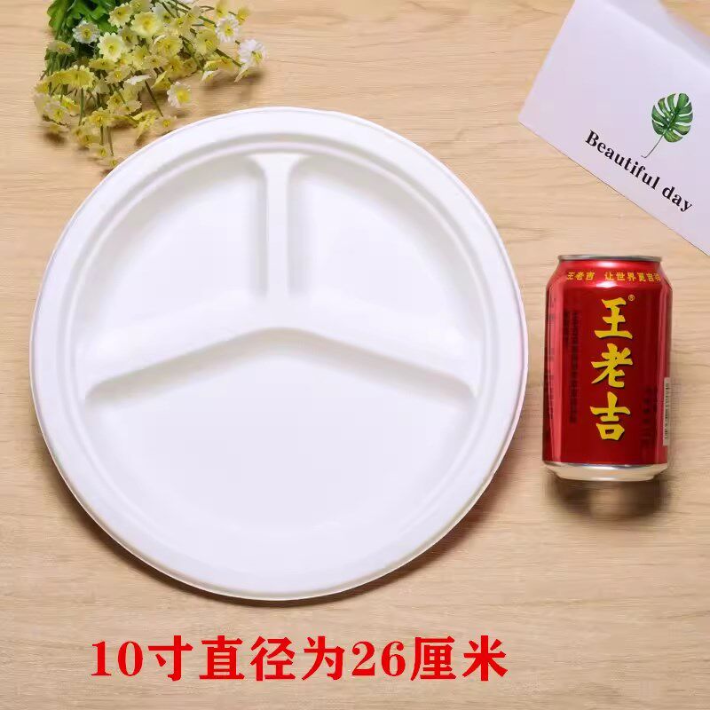 纸盘子加厚甘蔗浆9寸10寸分格菜盘纸碟环保快餐盘一次性三格圆盘