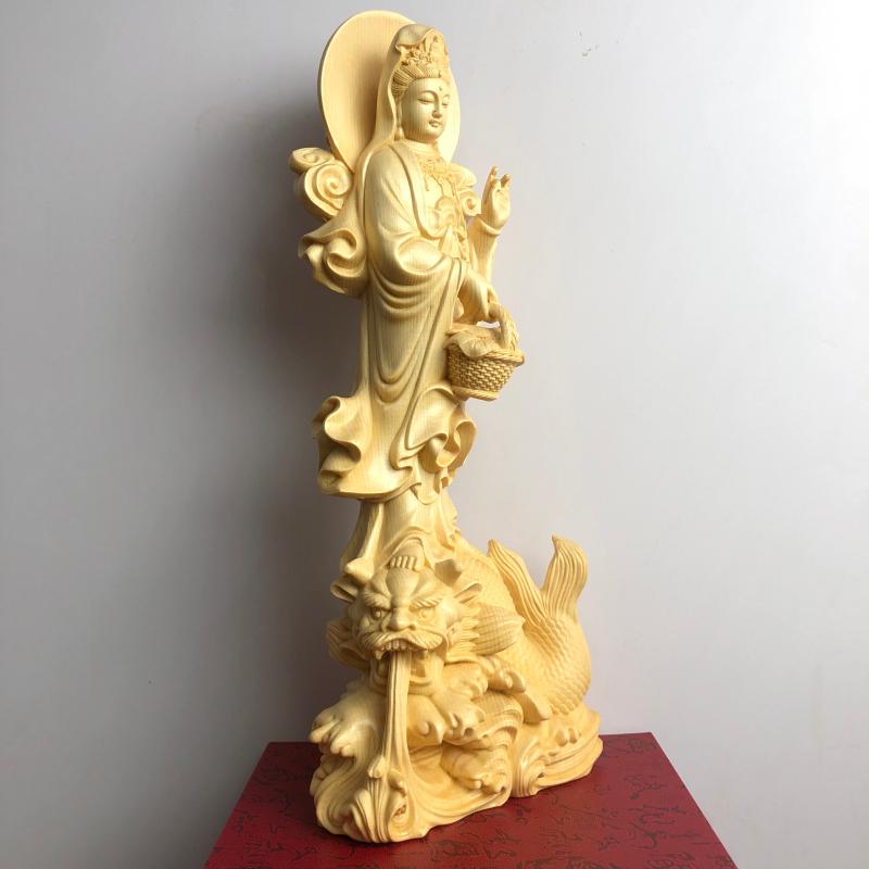 桧木精雕鳌鱼观音骑龙鱼菩萨神像摆件家居客厅寺庙供奉装饰工艺品