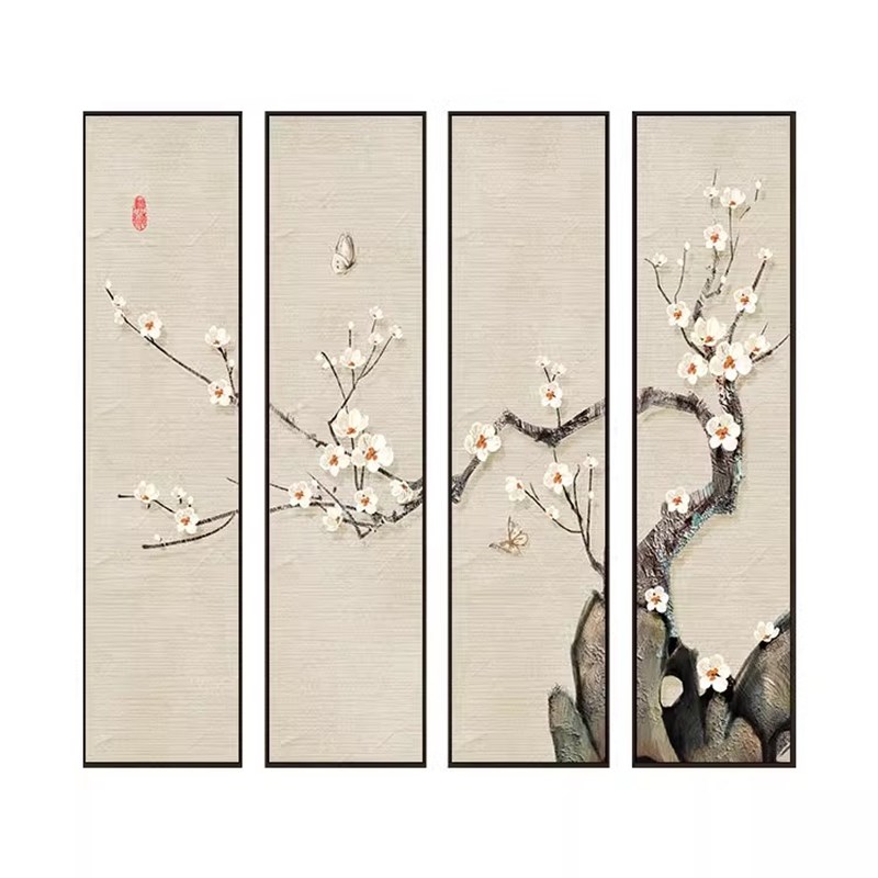 新中式客厅沙发背景墙装饰画四条屏梅花壁画国风大气茶室禅意挂画