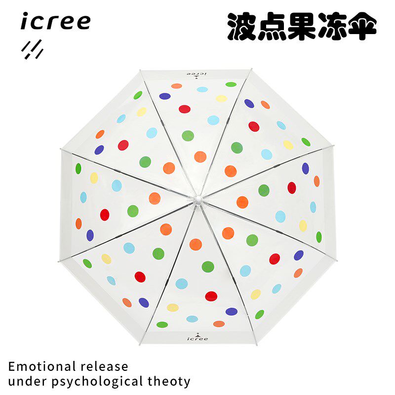 icree长柄自动雨伞女生高颜值 彩虹波点果冻 网红透明伞