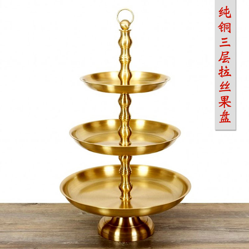 纯铜拉丝果盘供碟铜三层供果盘超大果碟佛前供具用品居家摆件包邮