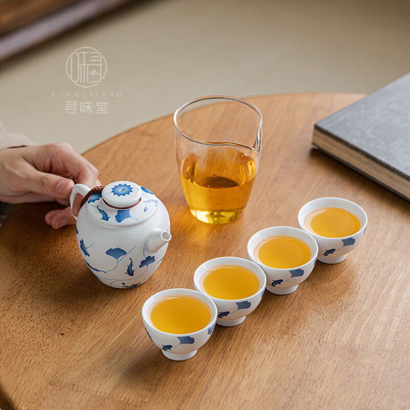 哑光白采莲旅行茶具青花陶瓷泡茶功夫茶具套组便携式手提收纳包