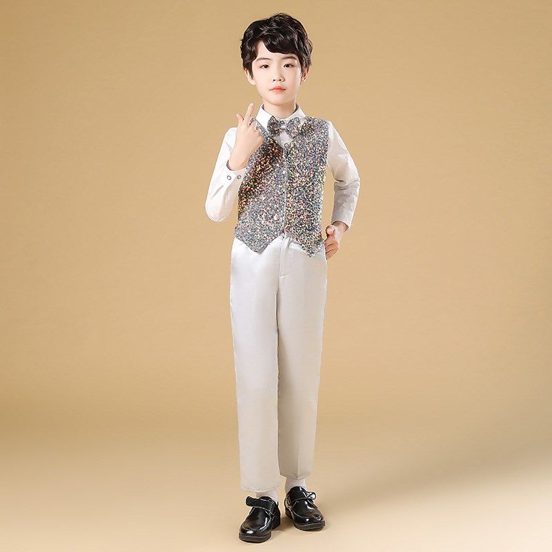 男童钢琴礼服四件套演出服儿童幻彩灰亮片马甲衬衫西裤套装表演服