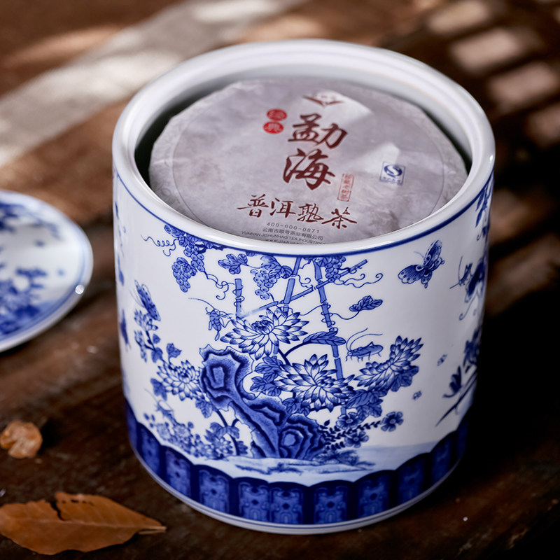 陶瓷茶叶罐大号码茶叶桶茶缸七子饼青花瓷存储罐普洱粗密封存茶罐