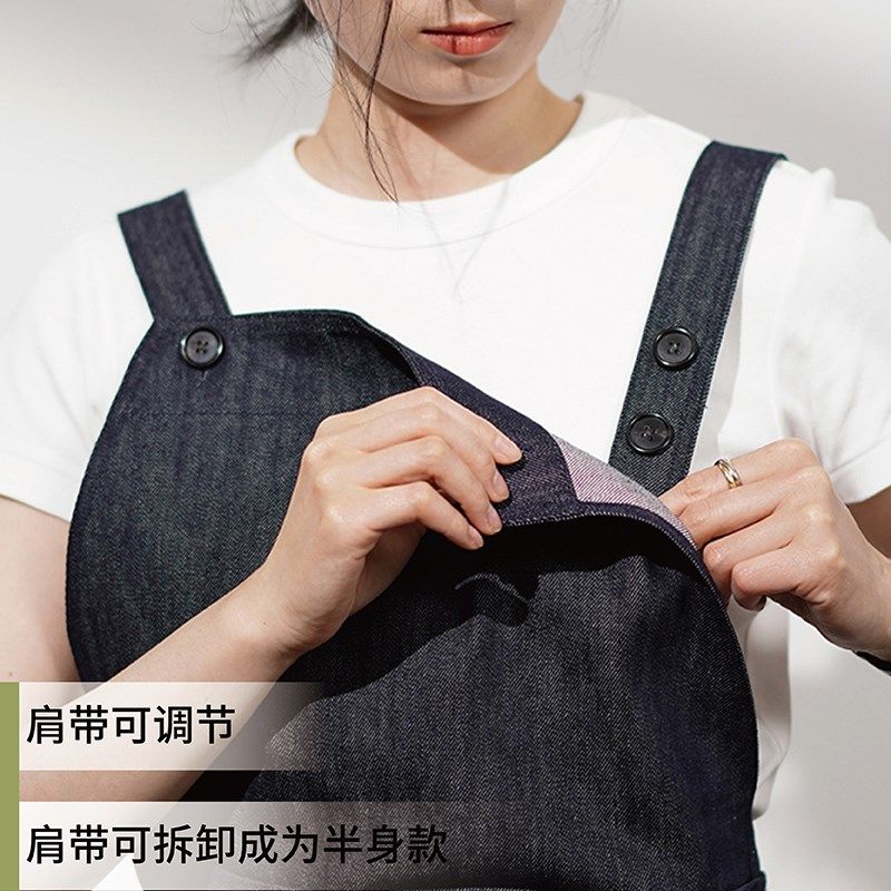 鹿造牛仔围裙背带裤式全身开衩工作服烘焙咖啡半身围裙一衣多穿