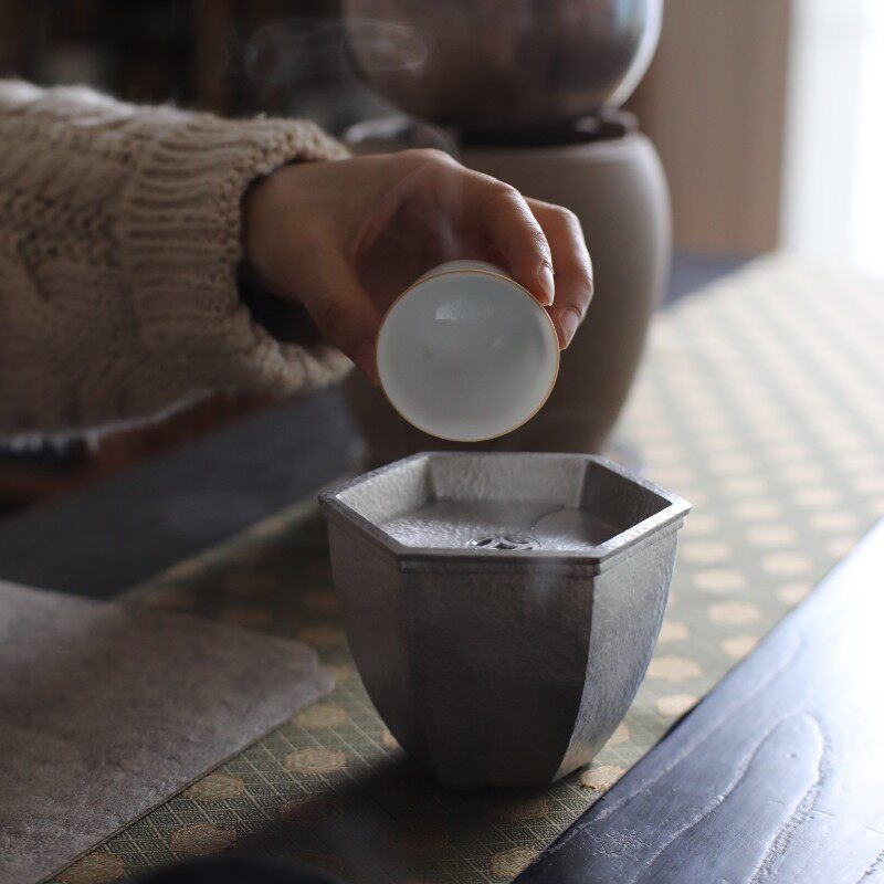 秦藏阁 六方纯锡建水工匠手制作复古水盂渣斗茶道零配席茶盖送礼