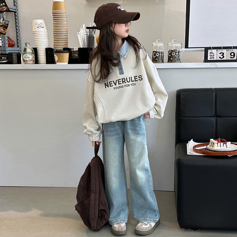 女童春装套装2024新款洋气大童时髦卫衣儿童春秋牛仔阔腿裤两件套