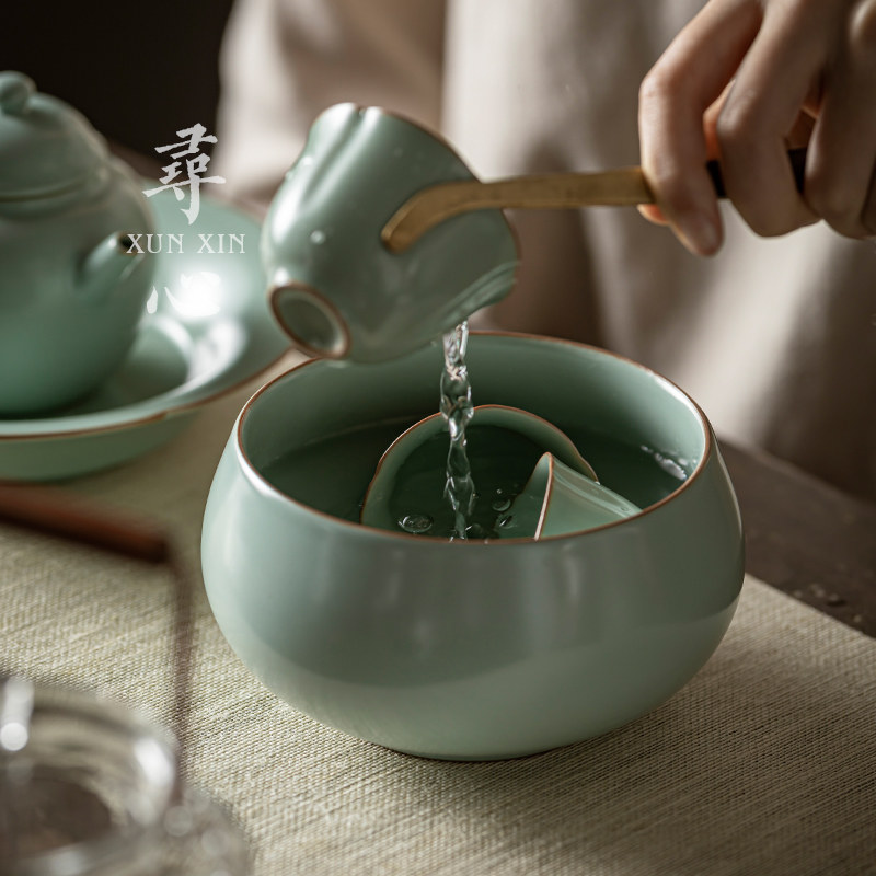 天青汝窑茶洗中式小号杯洗陶瓷水洗功夫茶道配件汝瓷洗杯茶碗笔洗