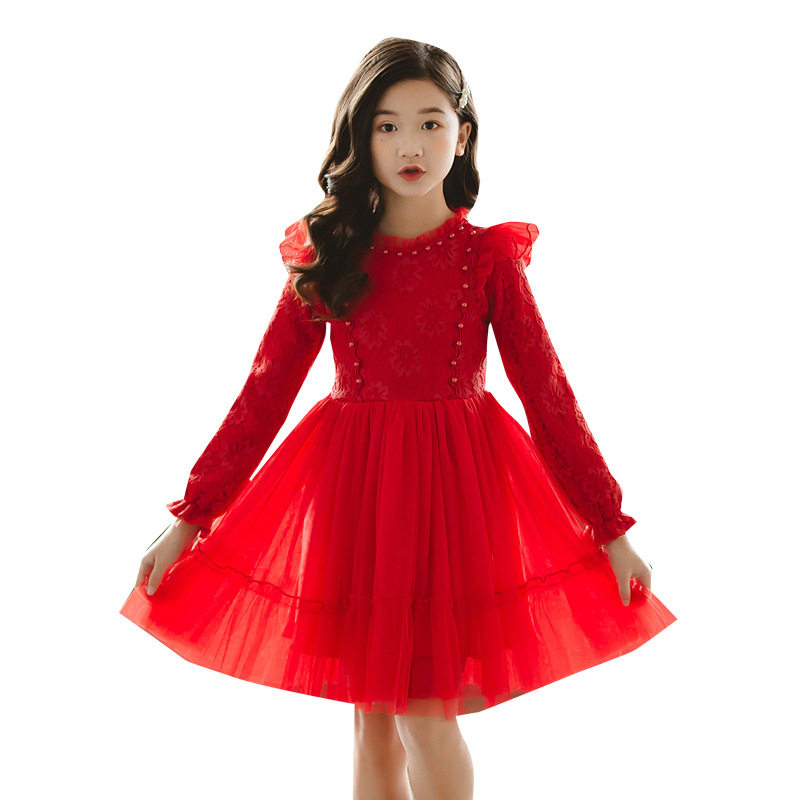 儿童红色公主裙女童加绒加厚连衣裙白色演出服中大童秋冬婚纱裙子