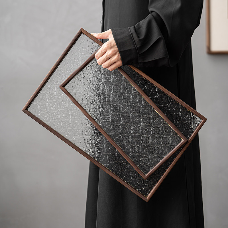 窗花玻璃长方形托盘家用胡桃木质茶盘茶杯茶壶收纳水果甜品点心盘