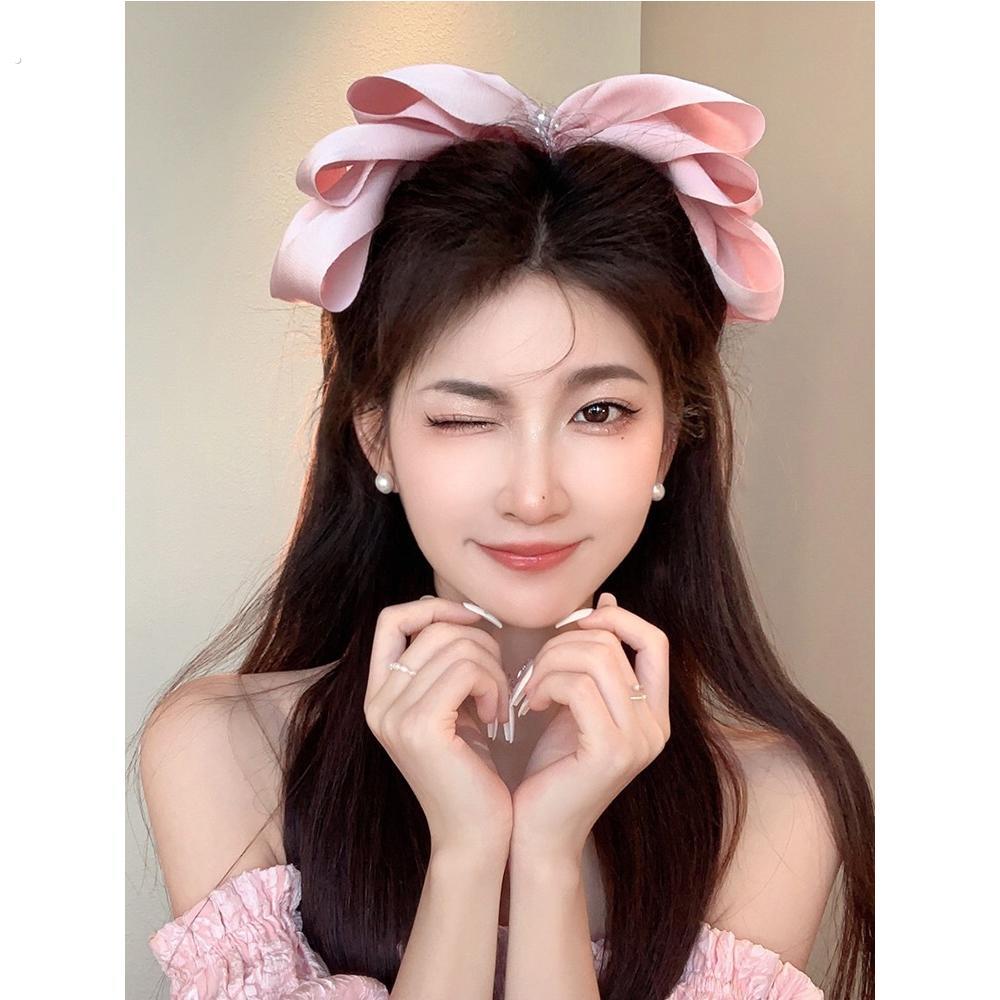 高级感~粉色温柔蓝珍珠大蝴蝶结发夹女后脑勺发饰夹子头饰弹簧夹