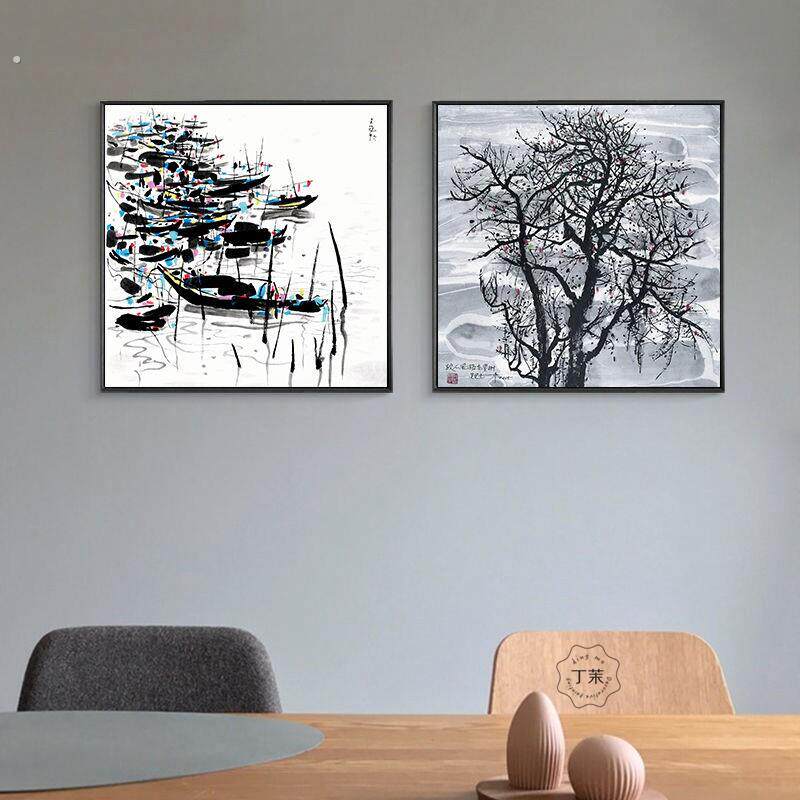 新中式挂画客厅饭厅床头装饰画组合画山水乡村古镇挂画墙画吴冠中