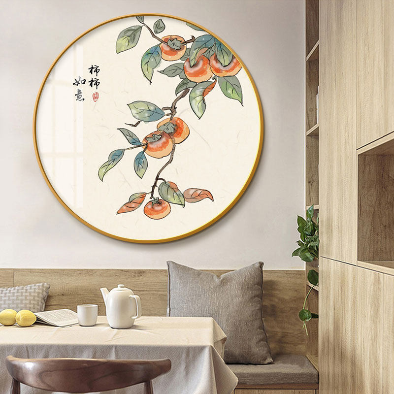 新中式餐厅装饰画圆形玄关画简约中国风餐桌墙面壁画团团圆圆挂画