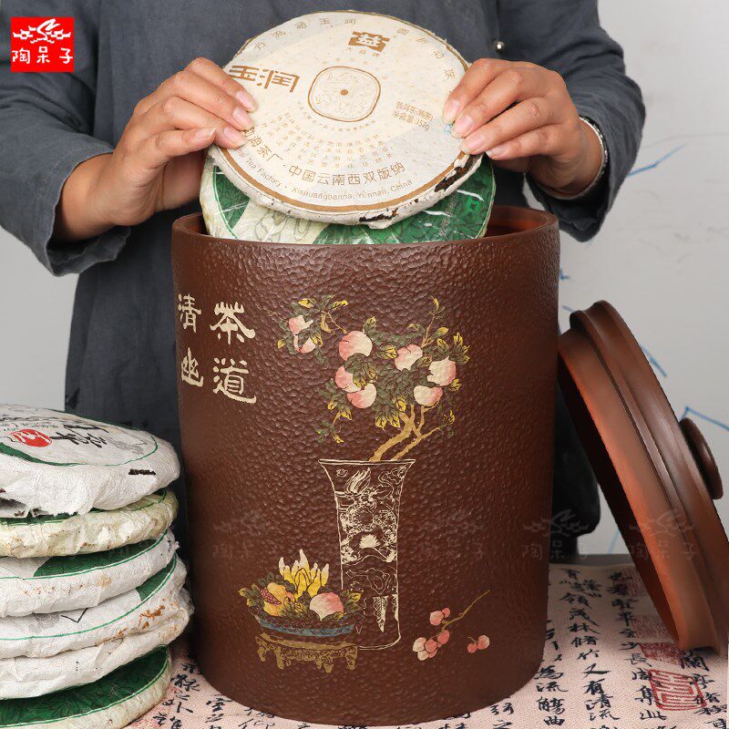 陶呆子云南建水紫陶茶叶罐锤纹大号 存茶缸陶瓷密封彩填七饼茶缸