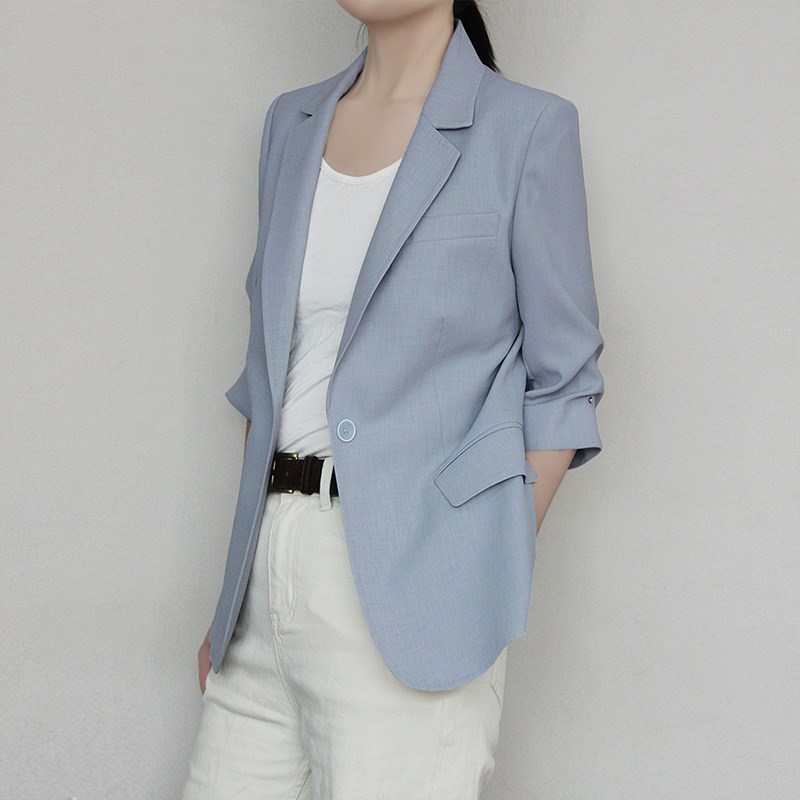 七分袖雾霾蓝小西装外套女士2025春夏高级感垂感空调西服修身显瘦