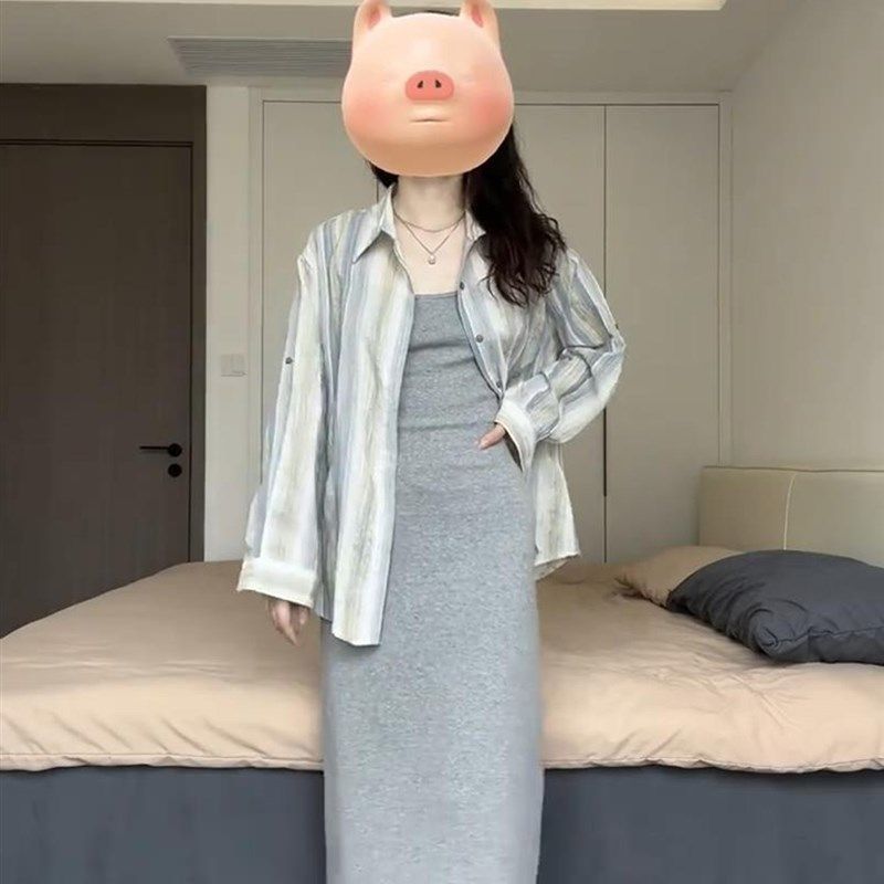 微胖MM晕染水彩肌理感棉纱条纹防晒衬衫修身包臀吊带连衣裙套装女