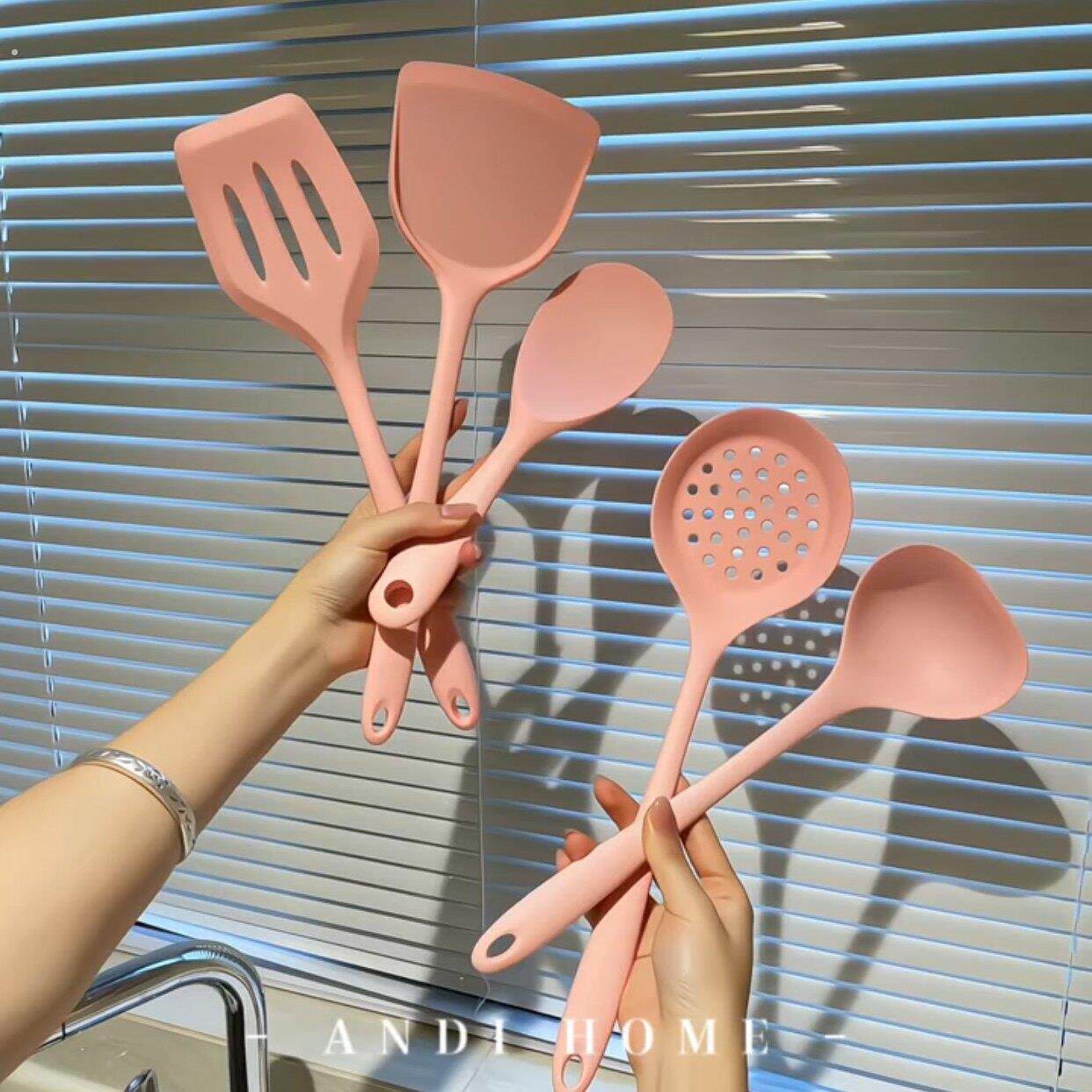 粉色硅胶锅铲套装耐高温不粘锅家用厨房炒菜铲子煎铲汤勺饭勺厨具