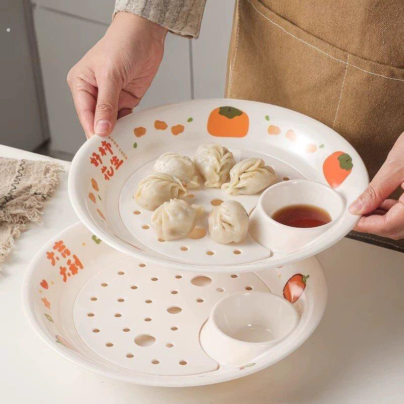 双层沥水饺子盘子带醋碟新款吃水饺专用盘家用餐具分格盘小吃盘
