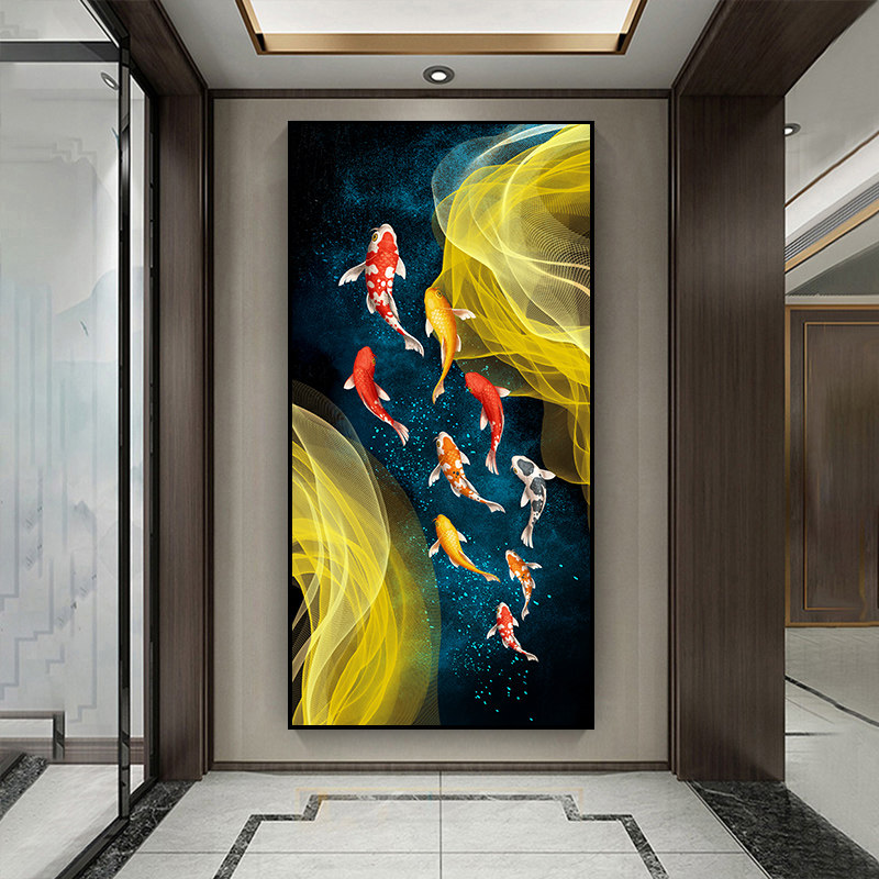 九鱼图玄关装饰画走廊竖版入门北欧式过道进门壁画挂画玄幻背景画