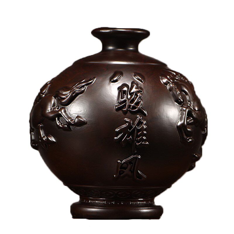 黑檀木雕刻八骏雄风花瓶摆件客厅插花装饰家居实木质中式开业礼品