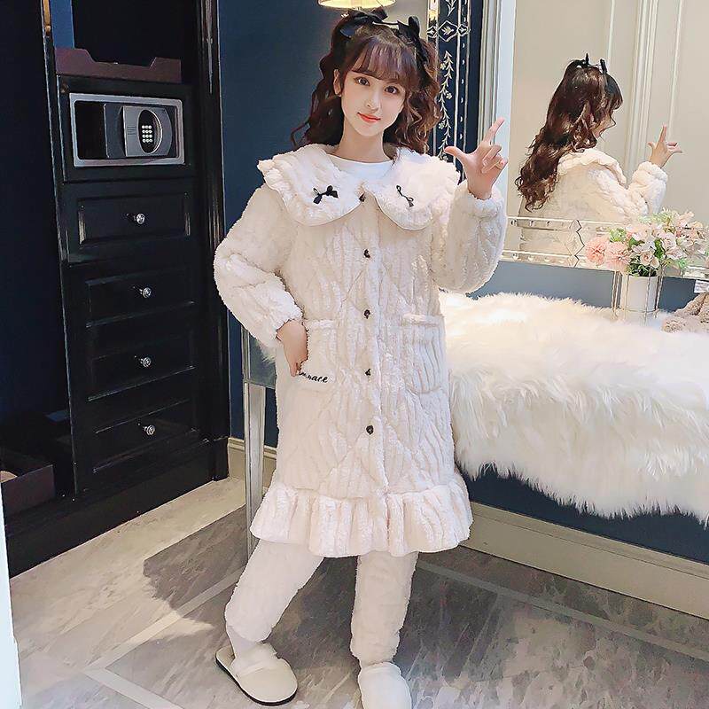 儿童睡衣冬季加厚款三层夹棉女童小孩珊瑚绒法兰绒睡袍米白家居服